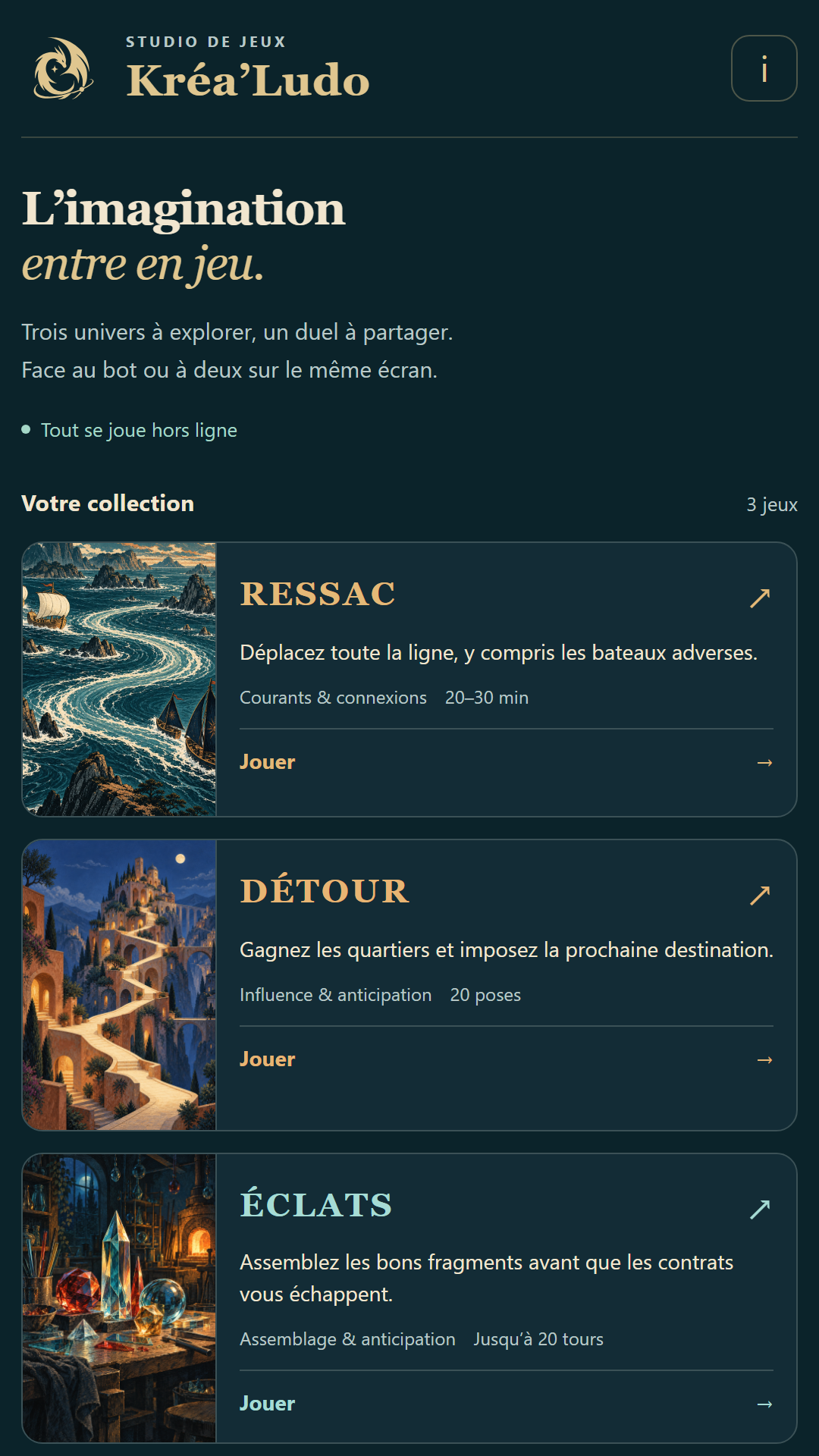 Aperçu de l’accueil de Duelarium avec les trois jeux RESSAC, DÉTOUR et ÉCLATS.