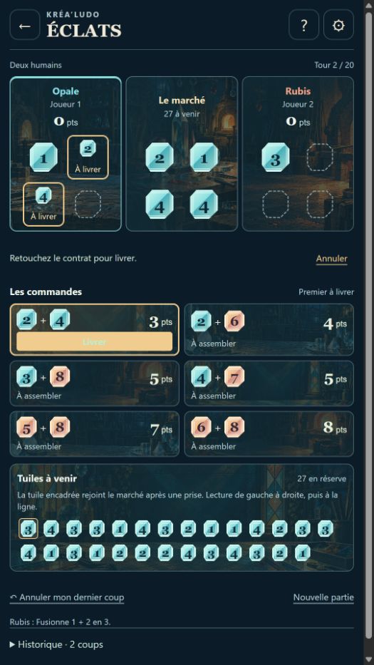 ÉCLATS avant la livraison : Opale possède les assemblages 1, 2 et 4. Le 2 et le 4 sont indiqués à livrer pour la commande à 3 points, qui attend sa confirmation.