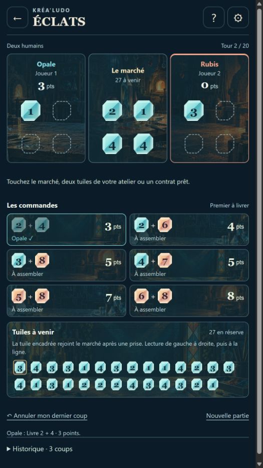 ÉCLATS après la livraison : Opale a 3 points, son atelier ne contient plus que le fragment 1 et la commande 2 et 4 est remportée.